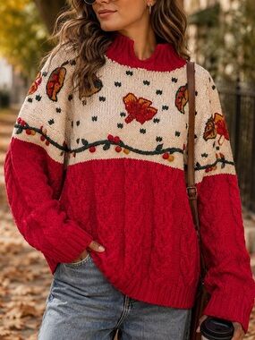 Vintage The Eagles Eye Red Fall Harvest Leaves Embroidered Knit Sweater Sz M